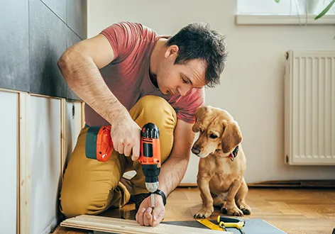 Man and his dog doing renovation work at home